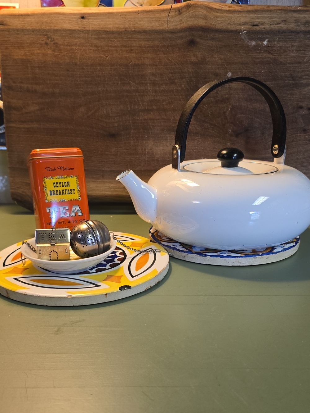 MCM Tea Bundle- Enamel Teapot, 2 Painted Trivets, 2 Loose Tea Steepers, Vintage